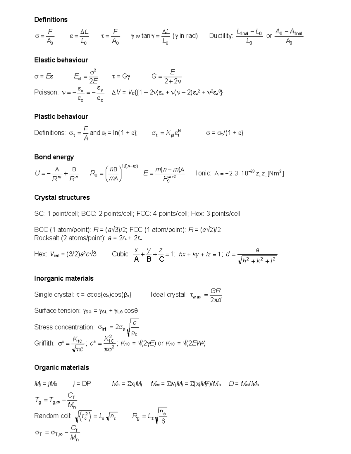 Formules et Définitions - Materials Science 2 - Révisions - Studeersnel