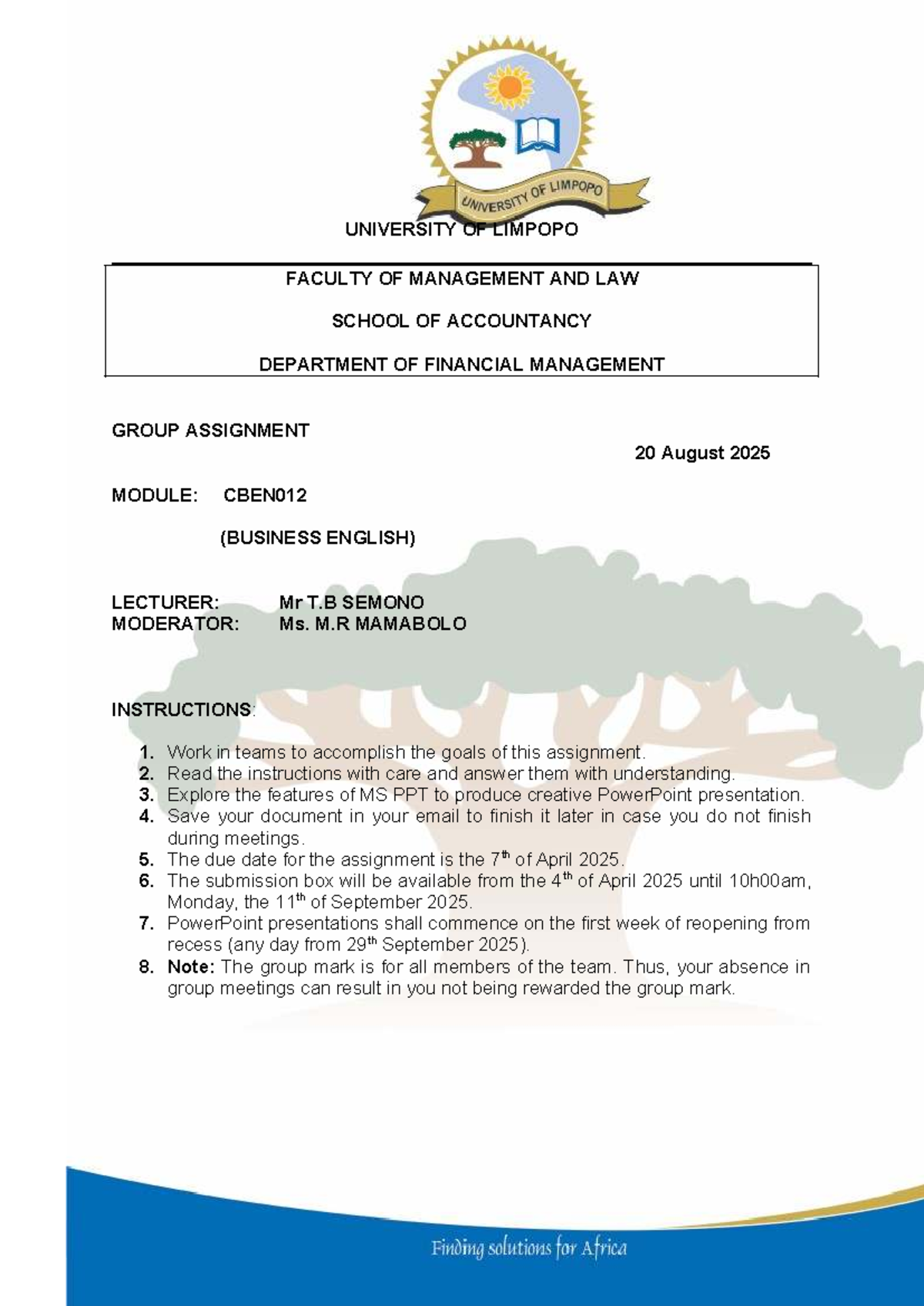 CBEN012 Group Assignment: PowerPoint Presentation Guidelines 2025 - Studocu
