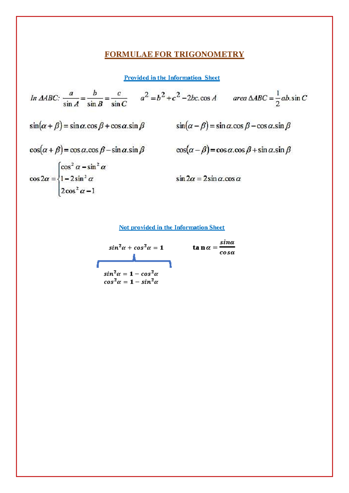 Trigonometric Formulae for Course Code: MAT101 - Study Guide - Studocu