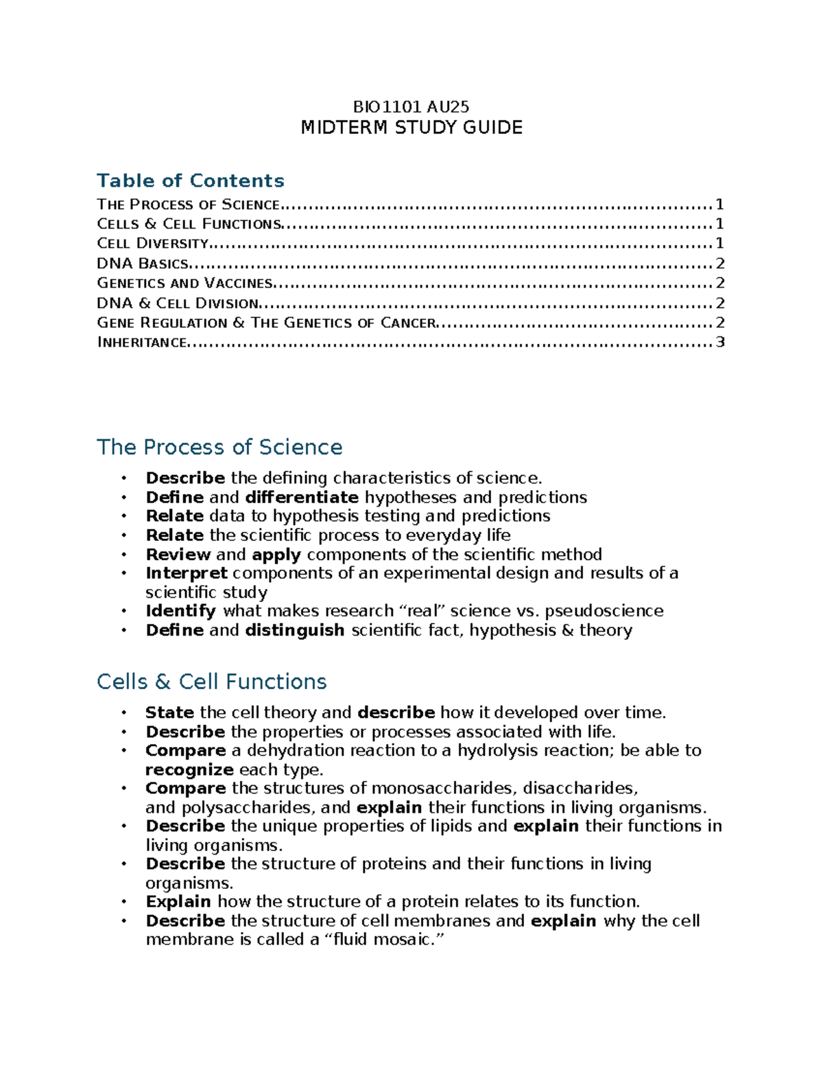 BIO1101 AU25 MIDTERM STUDY GUIDE: Key Concepts in Biology - Studocu
