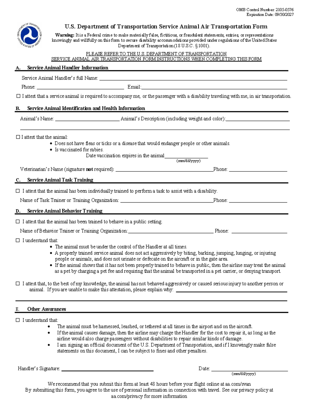 U.S. DOT Service Animal Air Transportation Form Instructions - Studocu