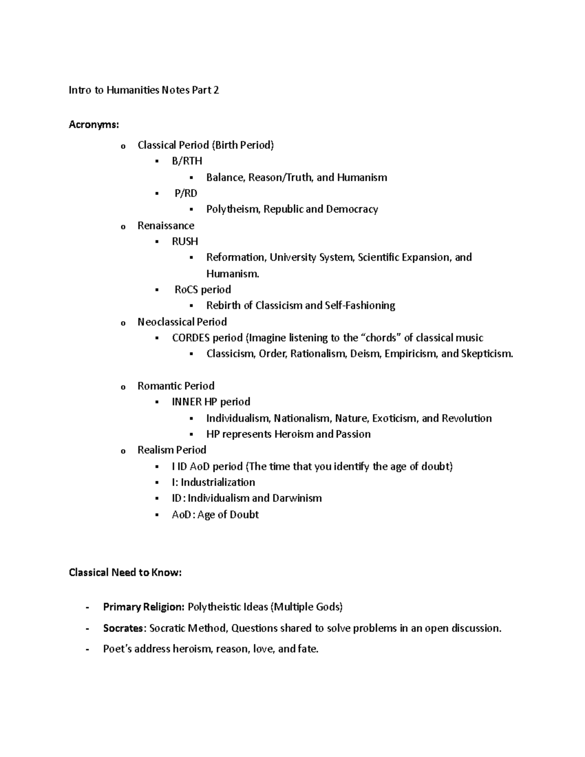 Intro to Humanities Notes NEED TO KNOW - Intro to Humanities Notes Part ...