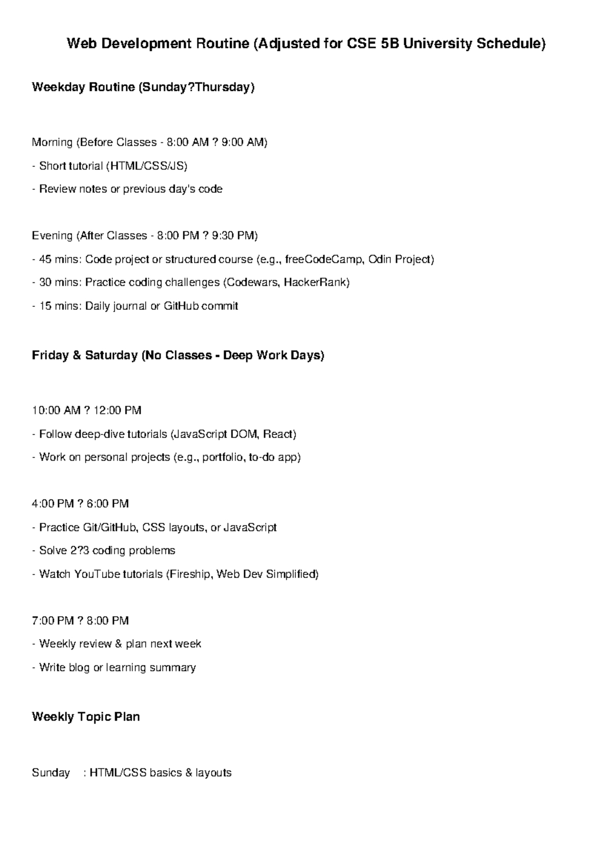 Web Development Routine: CSE 5B Weekly Study Plan - Studocu