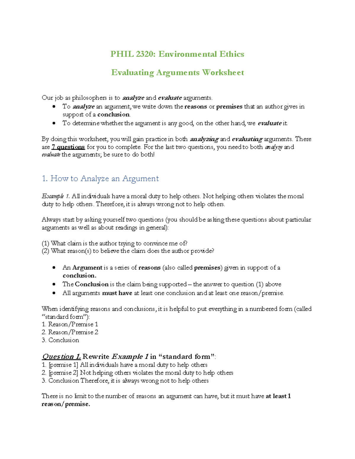 Evaluating Arguments Worksheet - PHIL 2320: Environmental Ethics ...