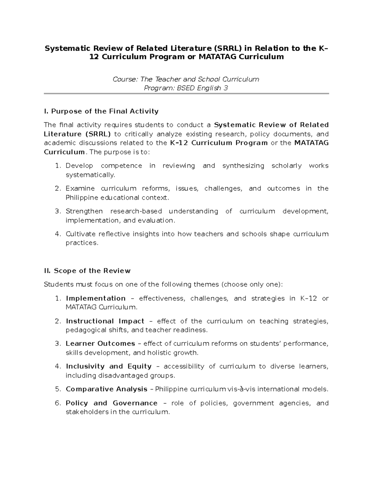 Systematic Review of Related Literature (SRRL) on MATATAG Curriculum ...