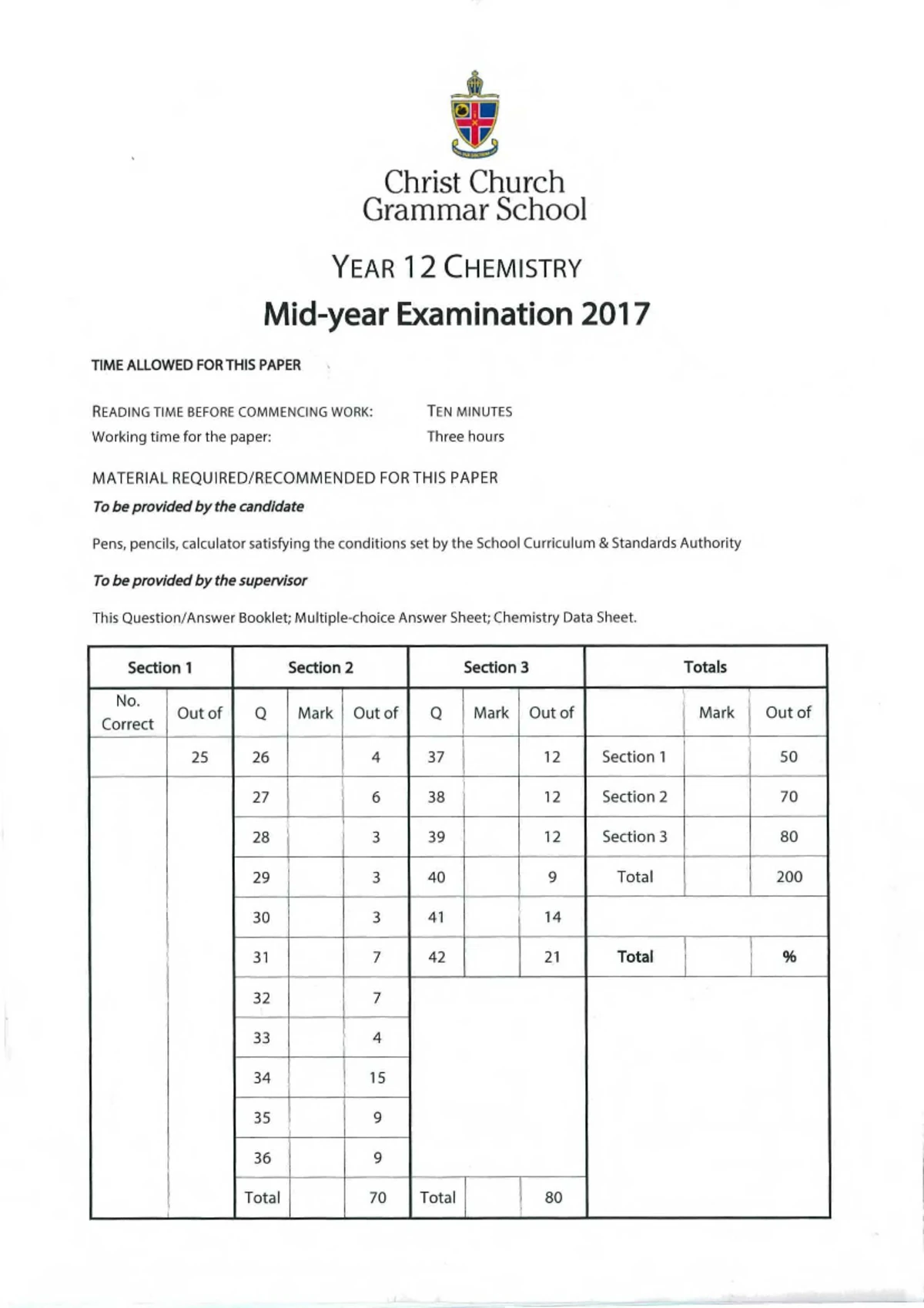 2024 ATAR Chemistry Year 12 Semester 1 Exam Guidelines and Structure ...