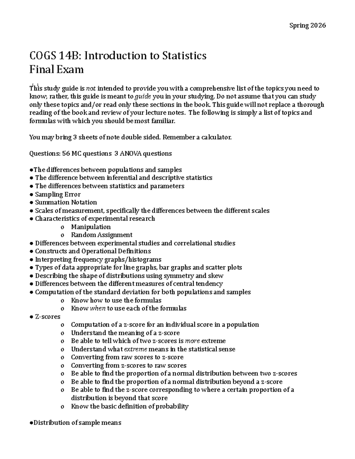 Spring 2026 COGS 14B: Statistics Final Exam Study Guide - Studocu