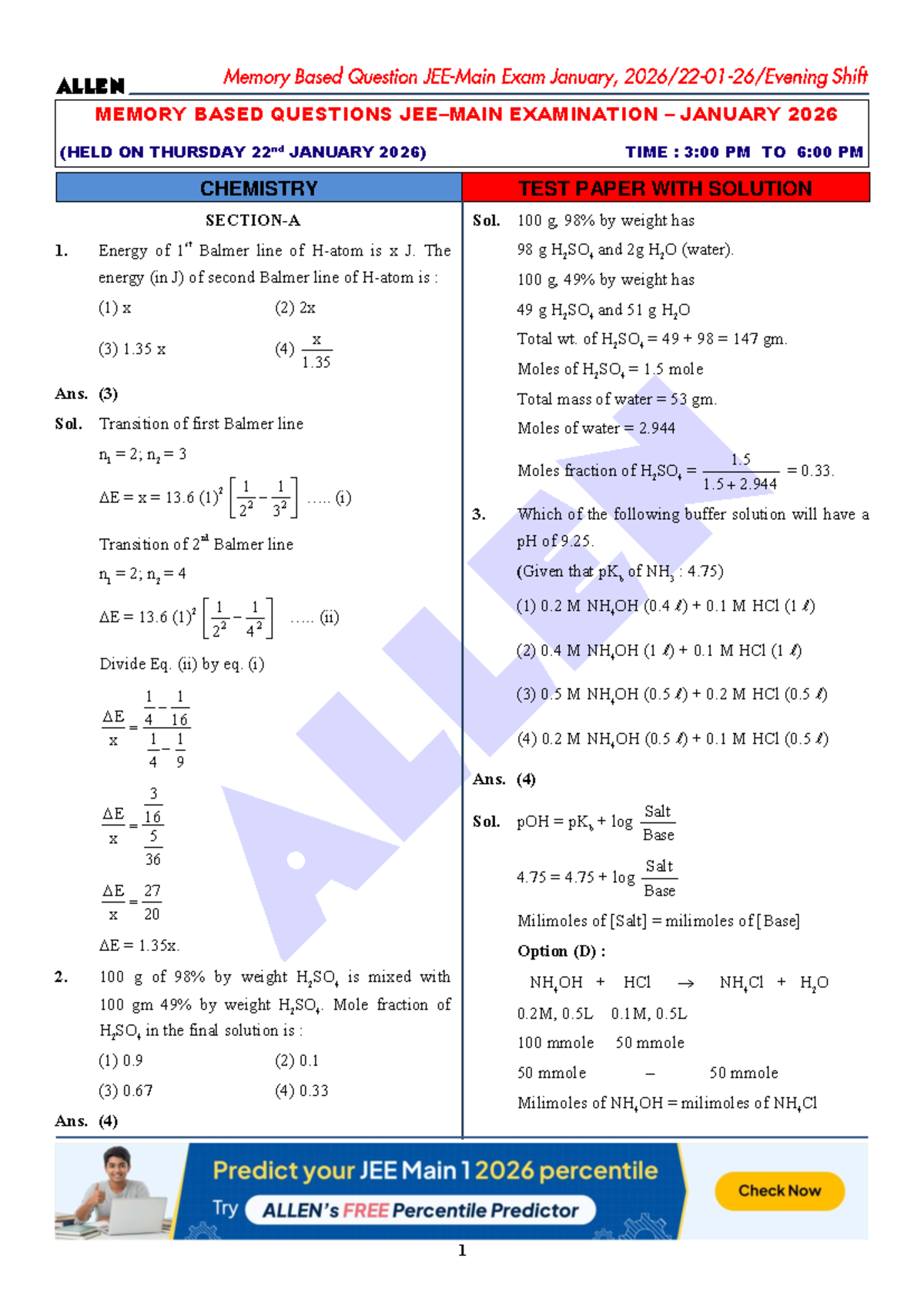 MEMORY BASED QUESTIONS CHEMISTRY TEST PAPER JAN 2026 - Studocu