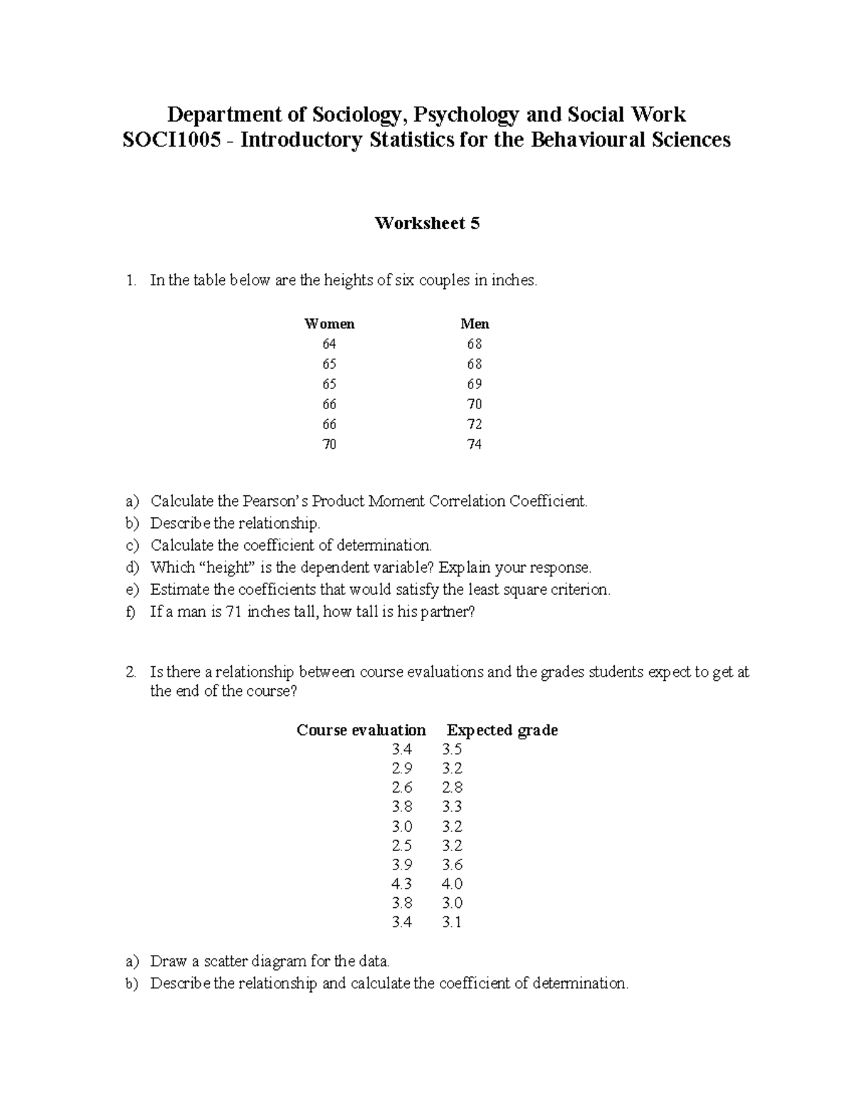 SOCI1005 Introductory Statistics Worksheet 5: Couples' Heights ...