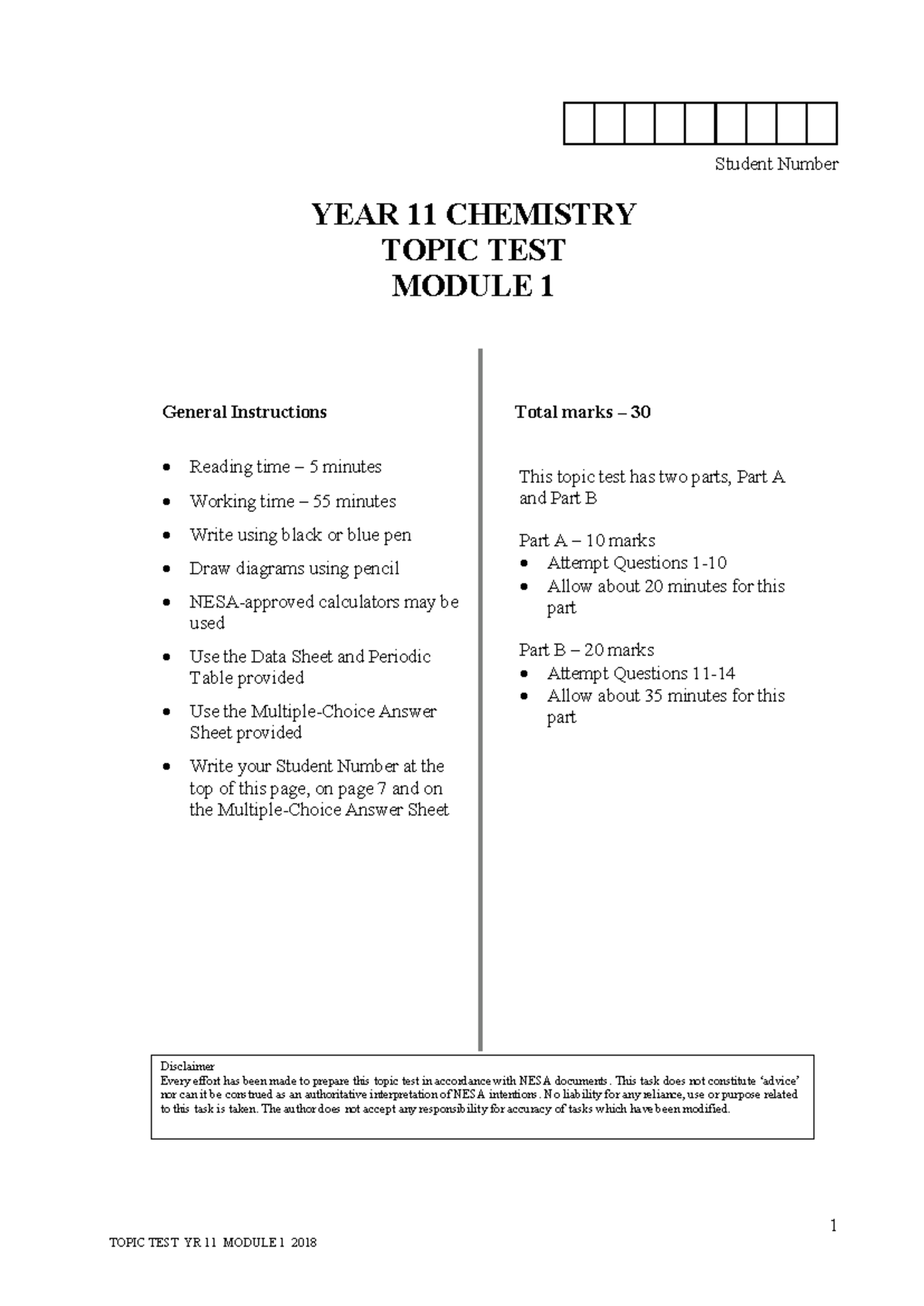 YEAR 11 CHEMISTRY TOPIC TEST MODULE 1 - 2018 - Studocu