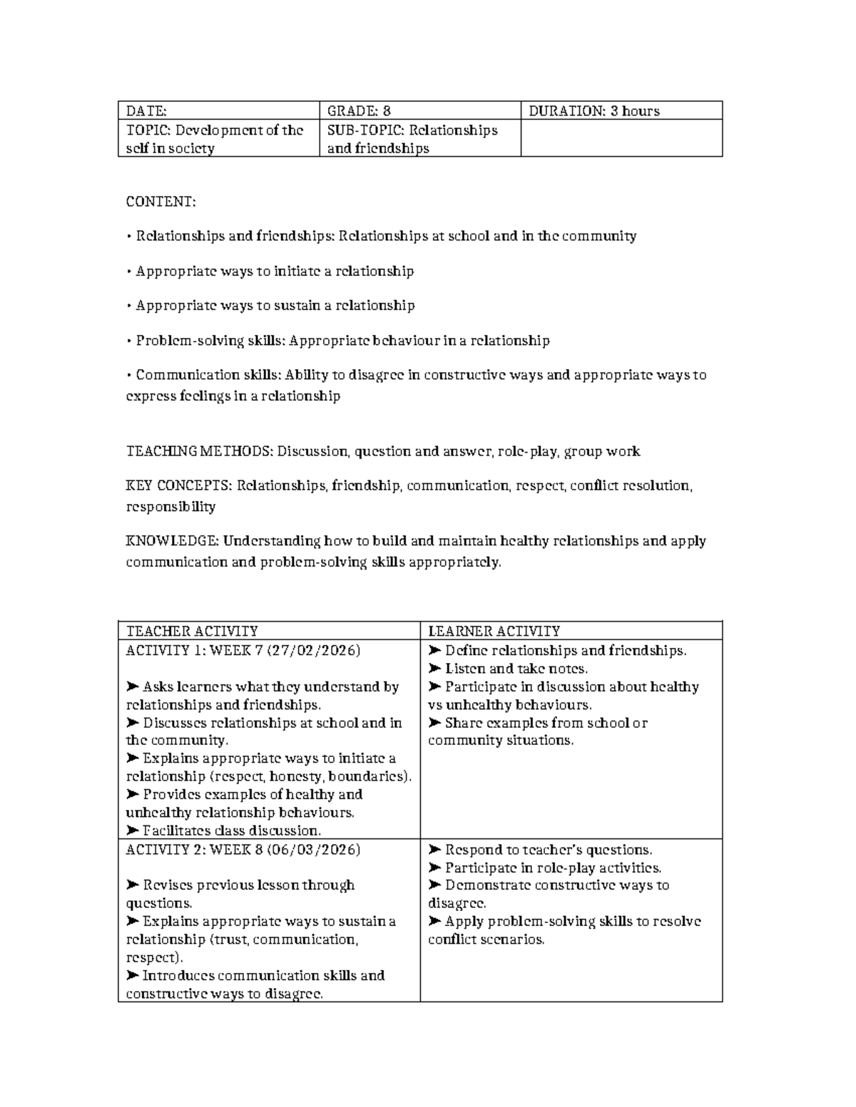 Grade 8 Term 1 Weeks 7-8 Lesson Plan: Relationships & Friendships - Studocu