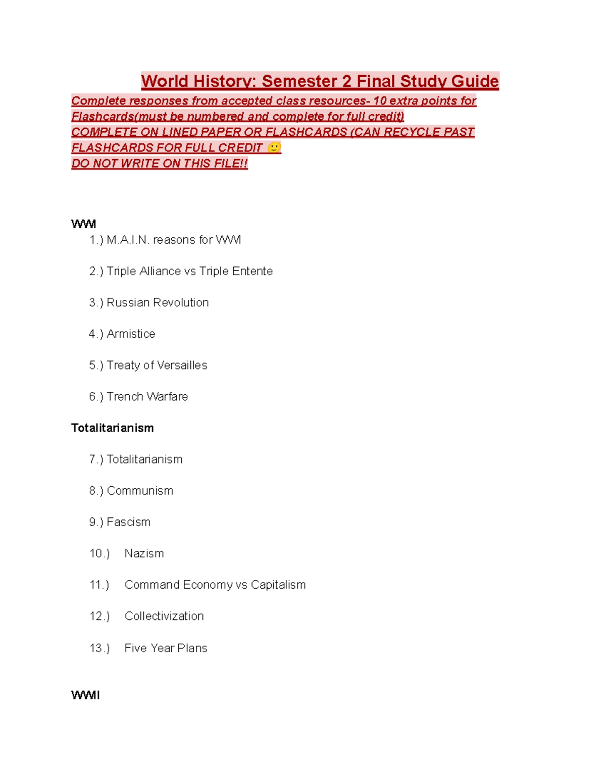 World History Semester 2 Final Study Guide - ) M.A.I. reasons for WWI 2 ...