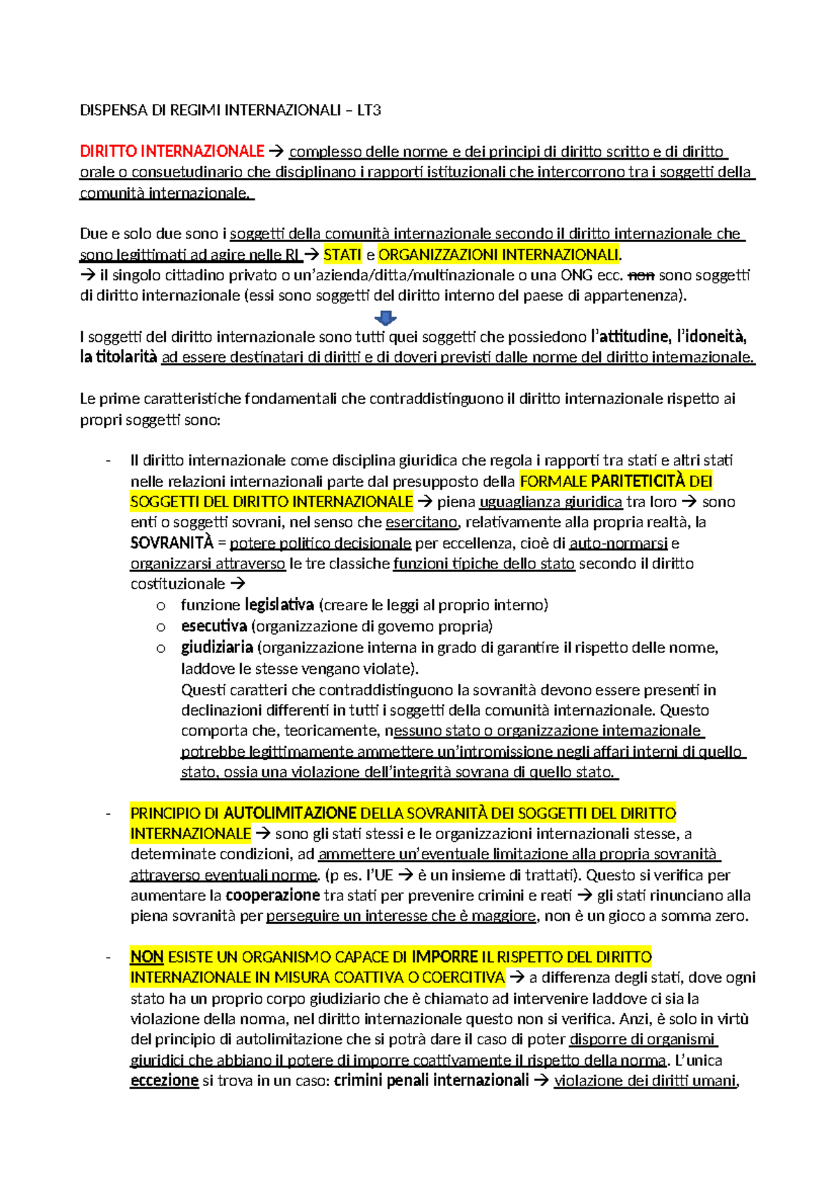 Dispensa di Regimi Internazionali LT3 - Diritto Internazionale - Studocu