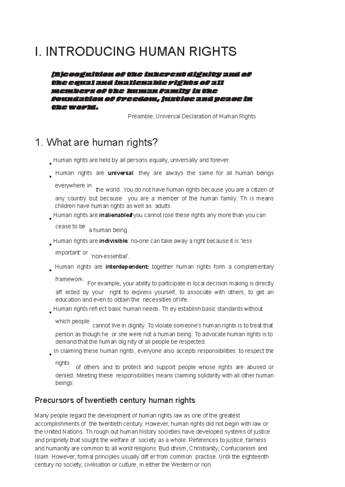 Introducing Human Rights - I. INTRODUCING HUMAN RIGHTS [R]ecognition of ...