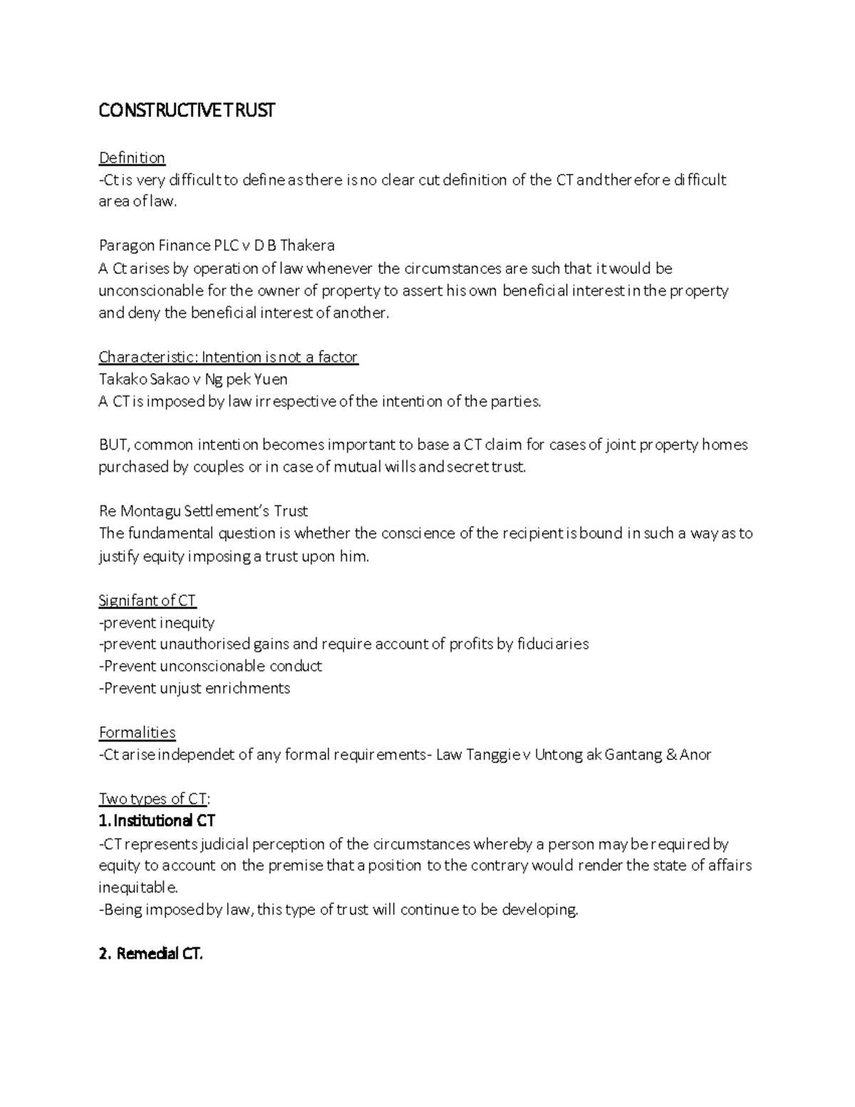 Constructive Trust - Lecture Notes 1 to 10 Overview and Key Cases - Studocu
