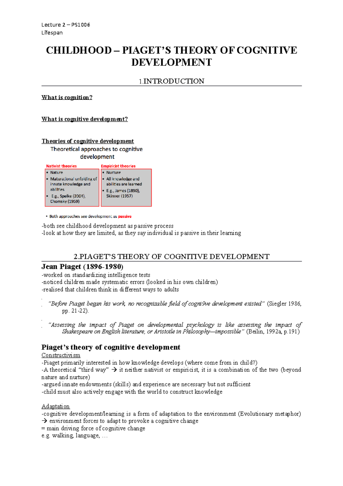 PS1006 - Lecture 2: Piaget’s Cognitive Development Theory Overview ...
