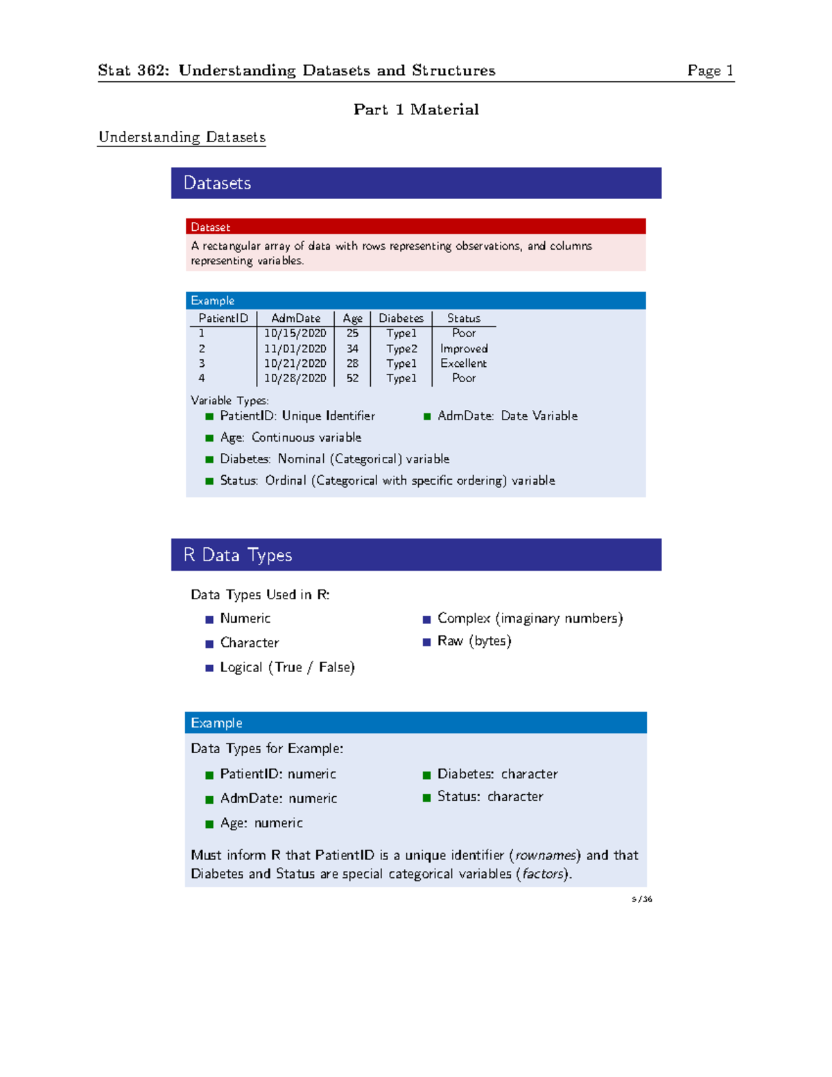 Stat 362 Final Exam Study Guide: Understanding Datasets and Structures ...