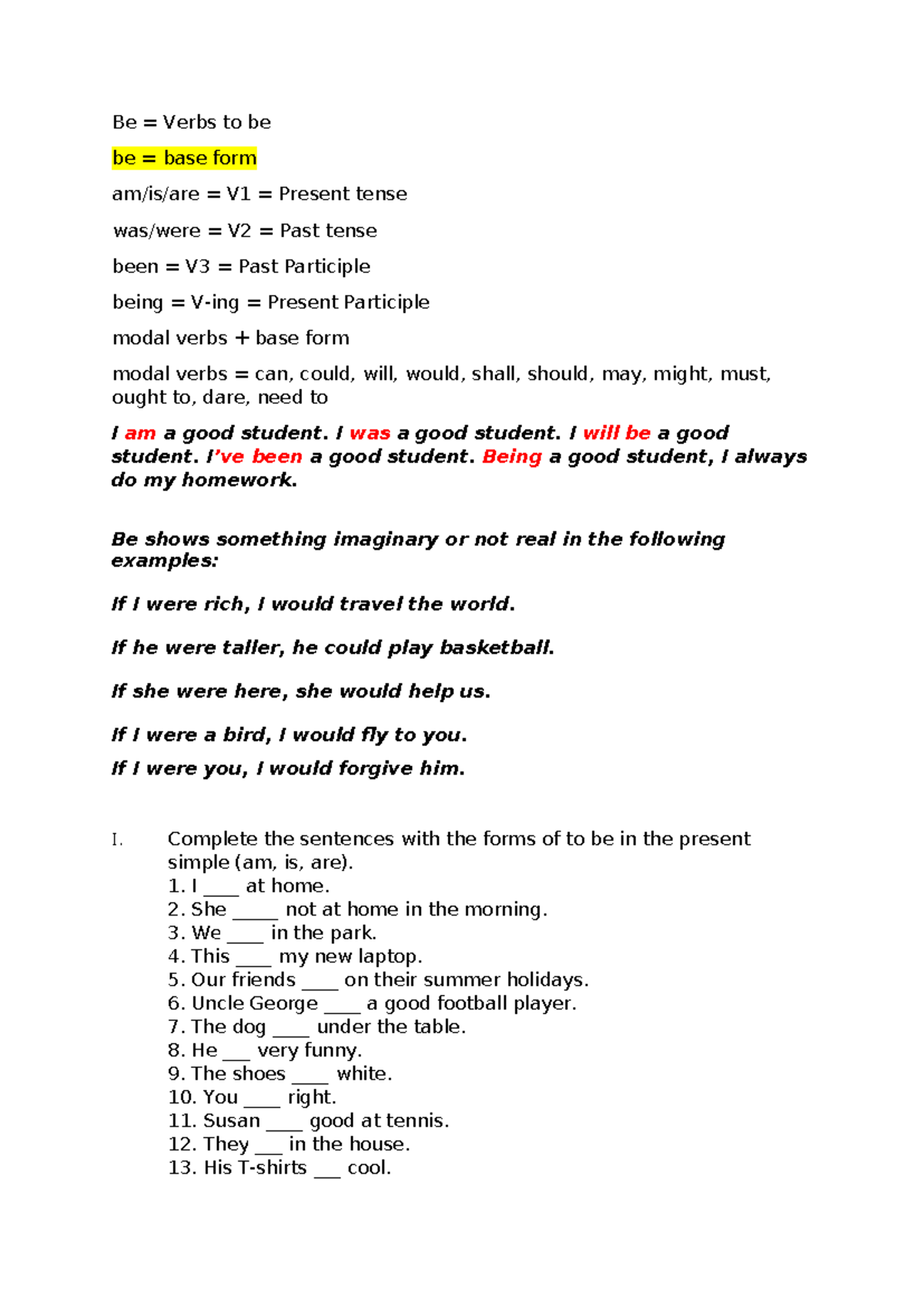 Be Verbs: Base Form, Tenses & Student Activity Guide - Studocu