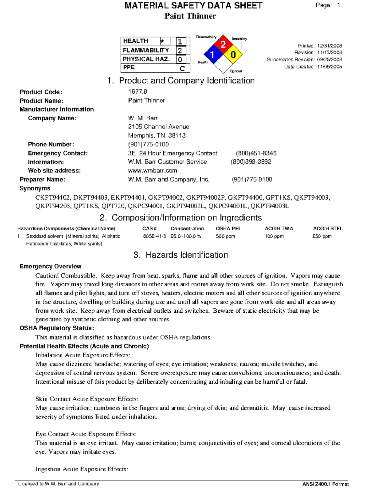 SDS for Paint Thinner (Klean Strip) - Safety Data Sheet - Studocu