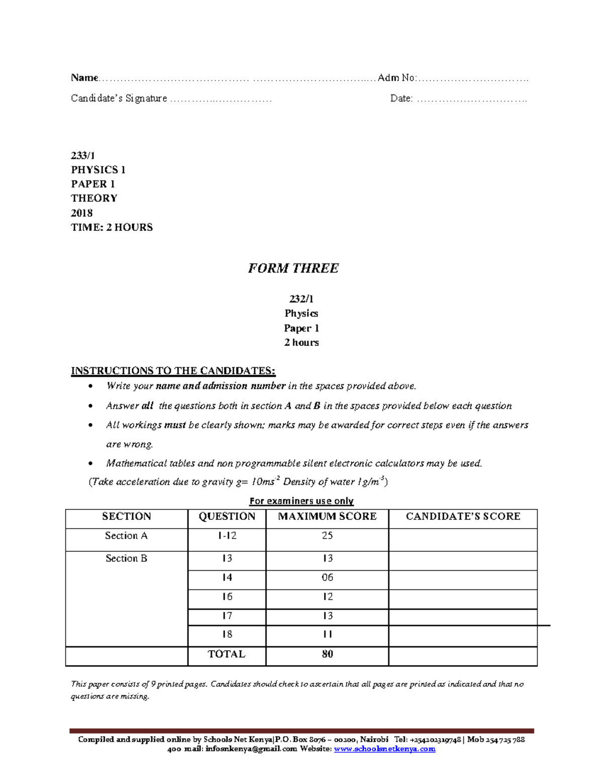 Physics 1 Term 1 Exam Paper 1 - Form 3 2018 - Studocu