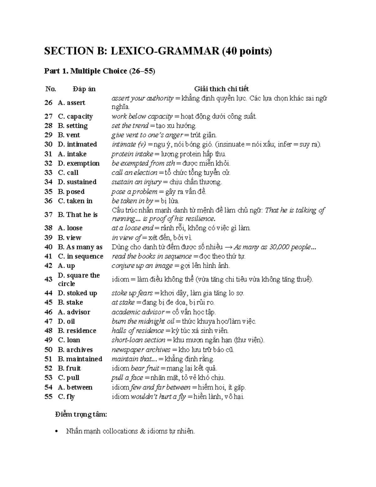 SECTION B: LEXICO-GRAMMAR MCQ & READING STRATEGIES (40 pts) - Studocu