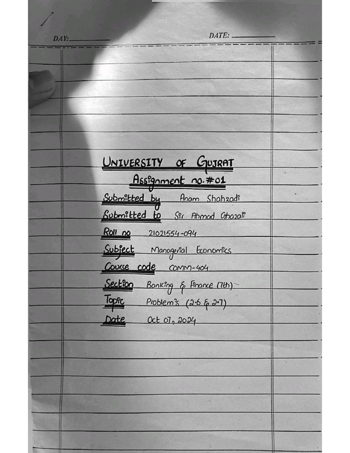 Economics#01 - These are helpful - DAY: DATE: UNIVERSITY OF GUJRAT ...