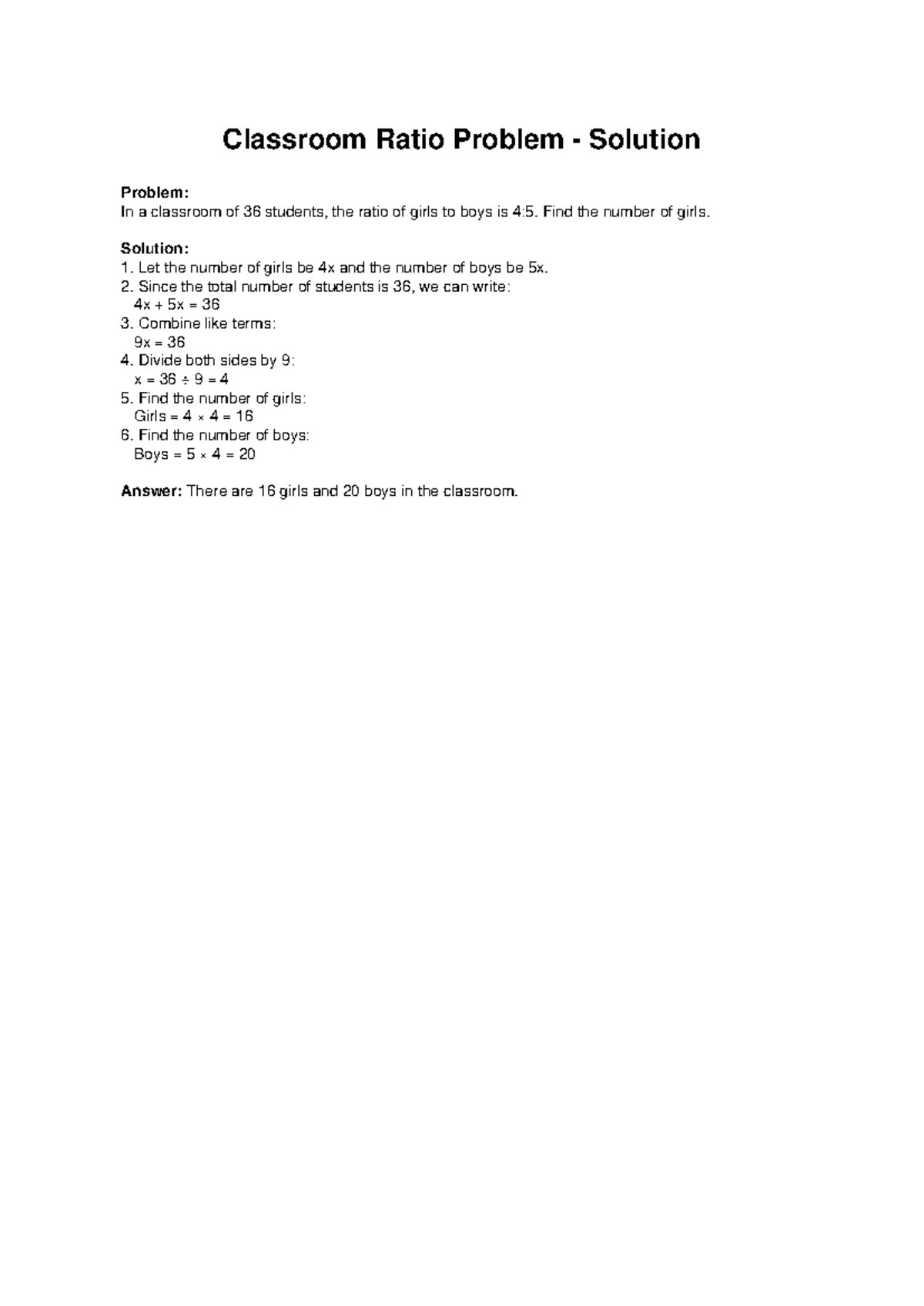 Math 101: Classroom Ratio Problem Solution - Studocu