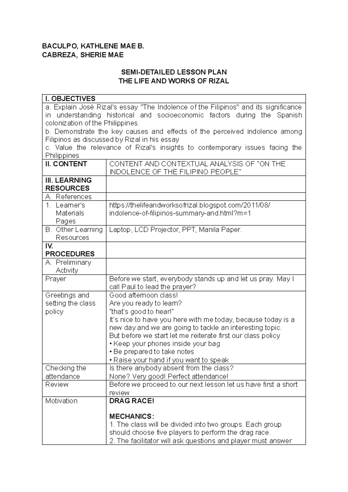 Semi-Detailed Lesson Plan on Rizal's 