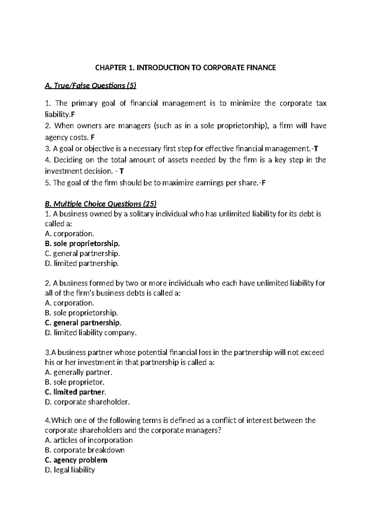 Chap 1 Solution - dfwwd - CHAPTER 1. INTRODUCTION TO CORPORATE FINANCE ...