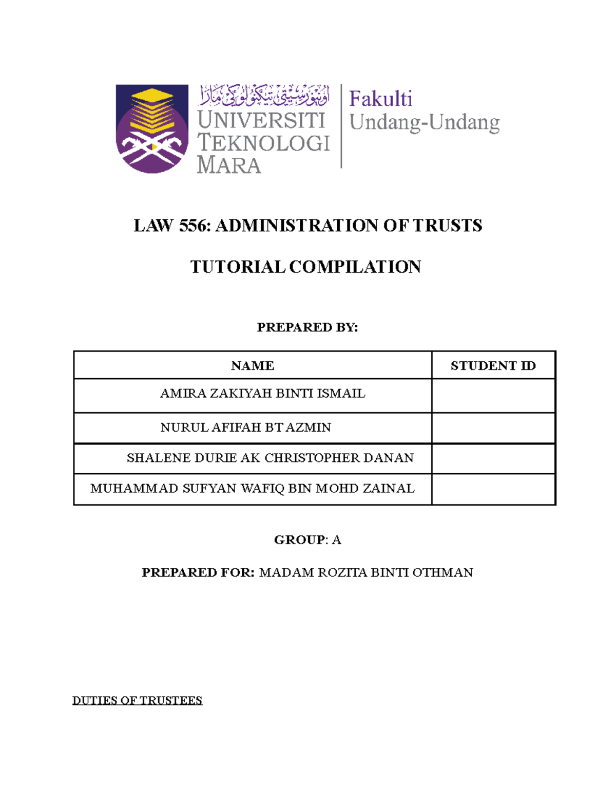 LAW 556: Trusts Duties and Trustee Powers - Tutorial Compilation - Studocu