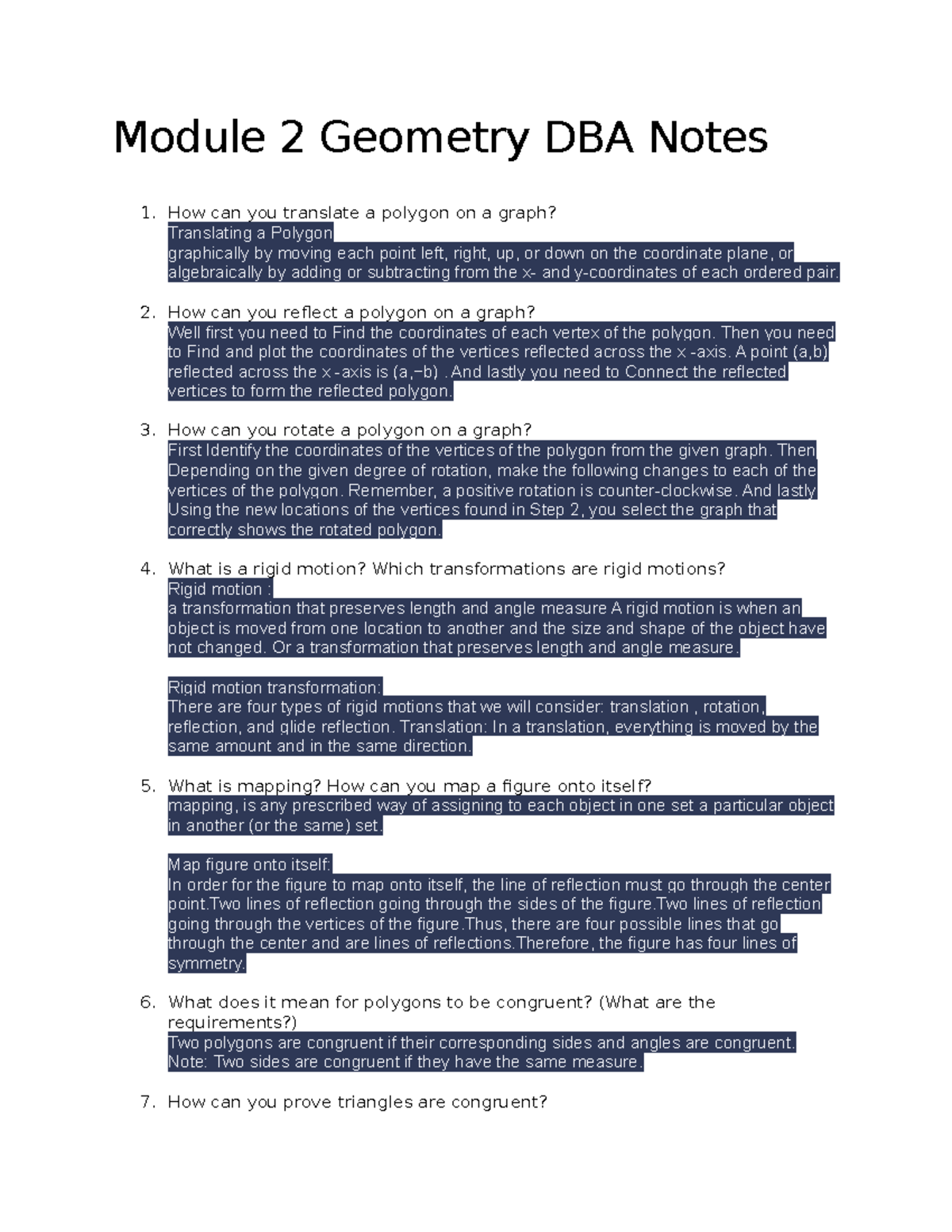 Module 2 Geometry DBA Study Notes: Transformations and Rigid Motions ...
