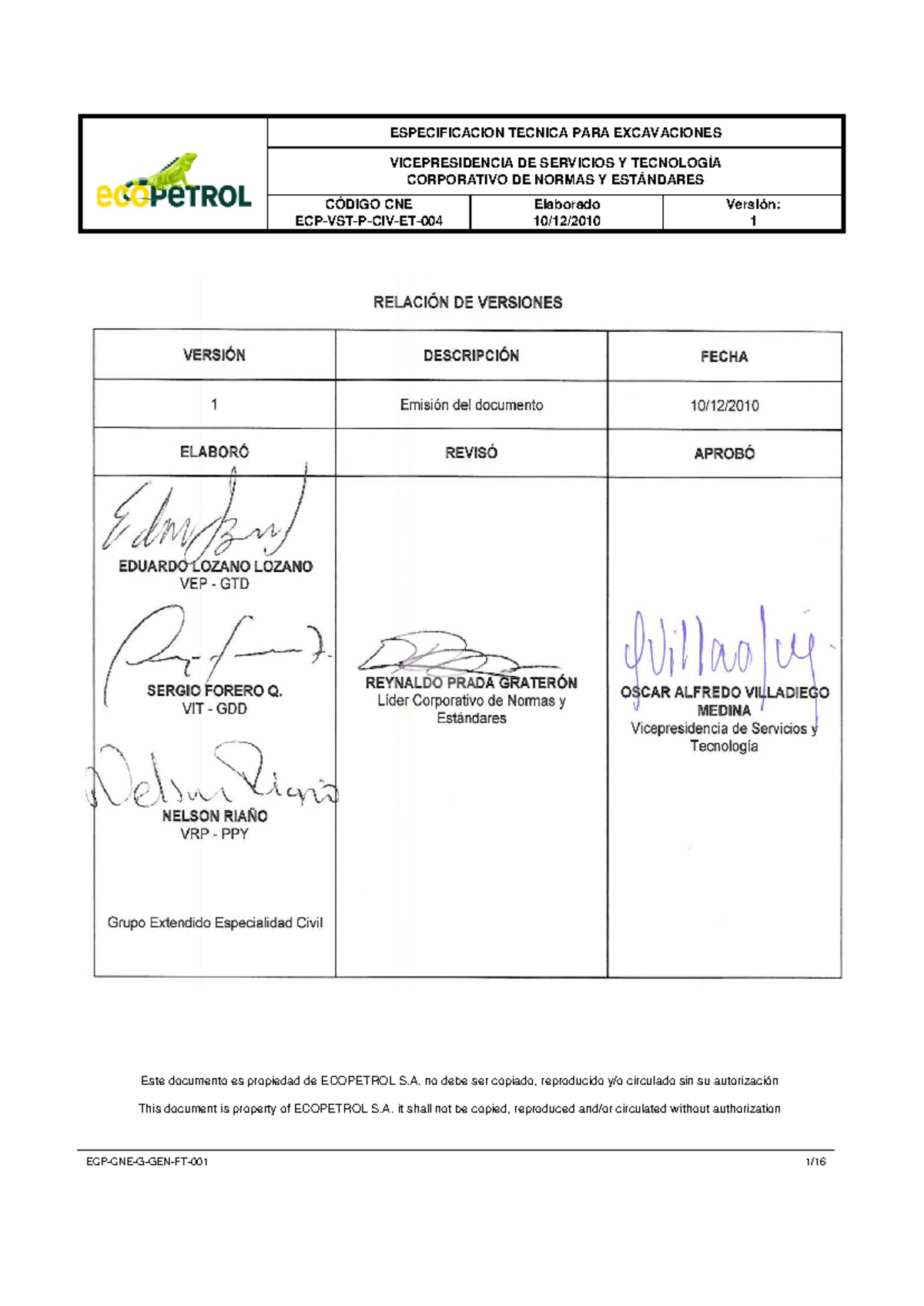 ECP-VST-P-CIV-ET-004 Especificación Técnica sobre Excavaciones - Document Preview