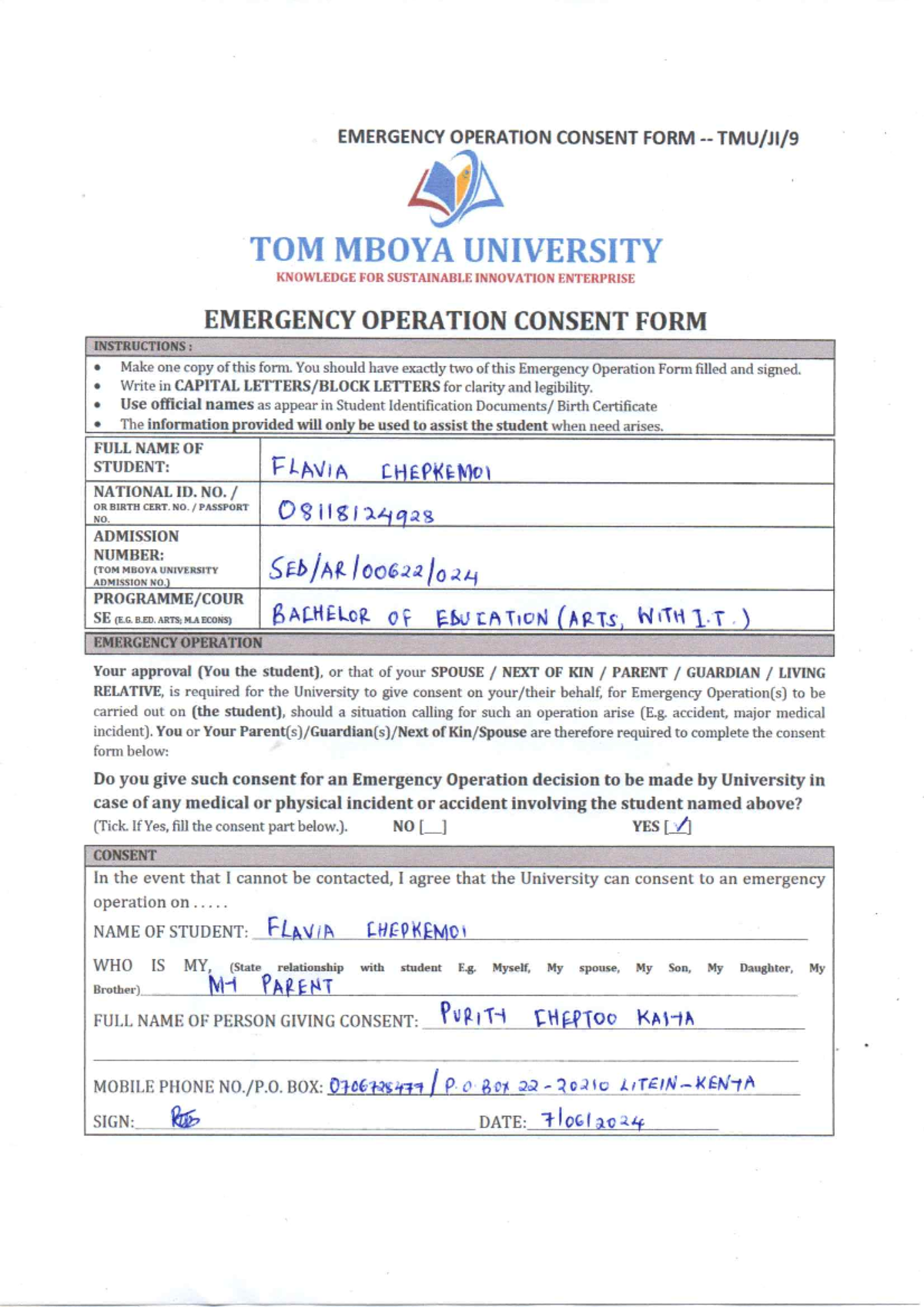 Emergency Operation Consent Form - Tom Mboya University - Studocu