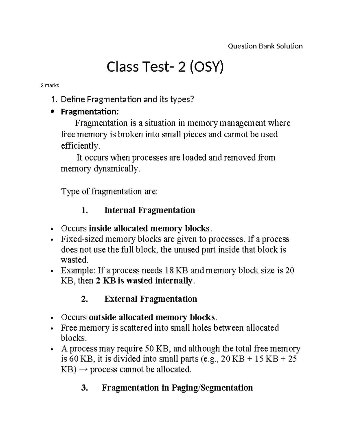 Question Bank Solutions CT-2 OSY: Memory Management Concepts - Studocu