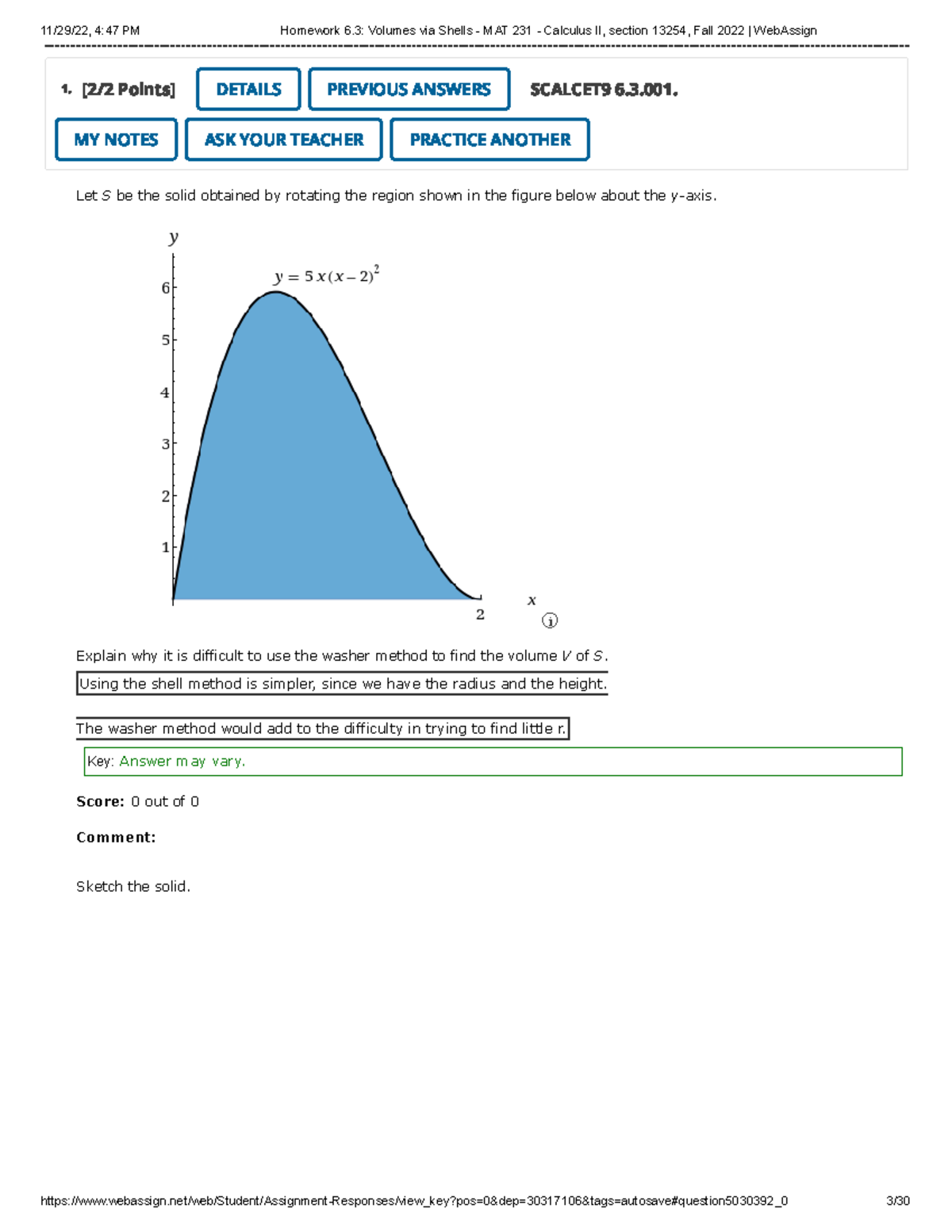 Homework 6.3 Volumes via Shells - MAT 231 - Calculus II