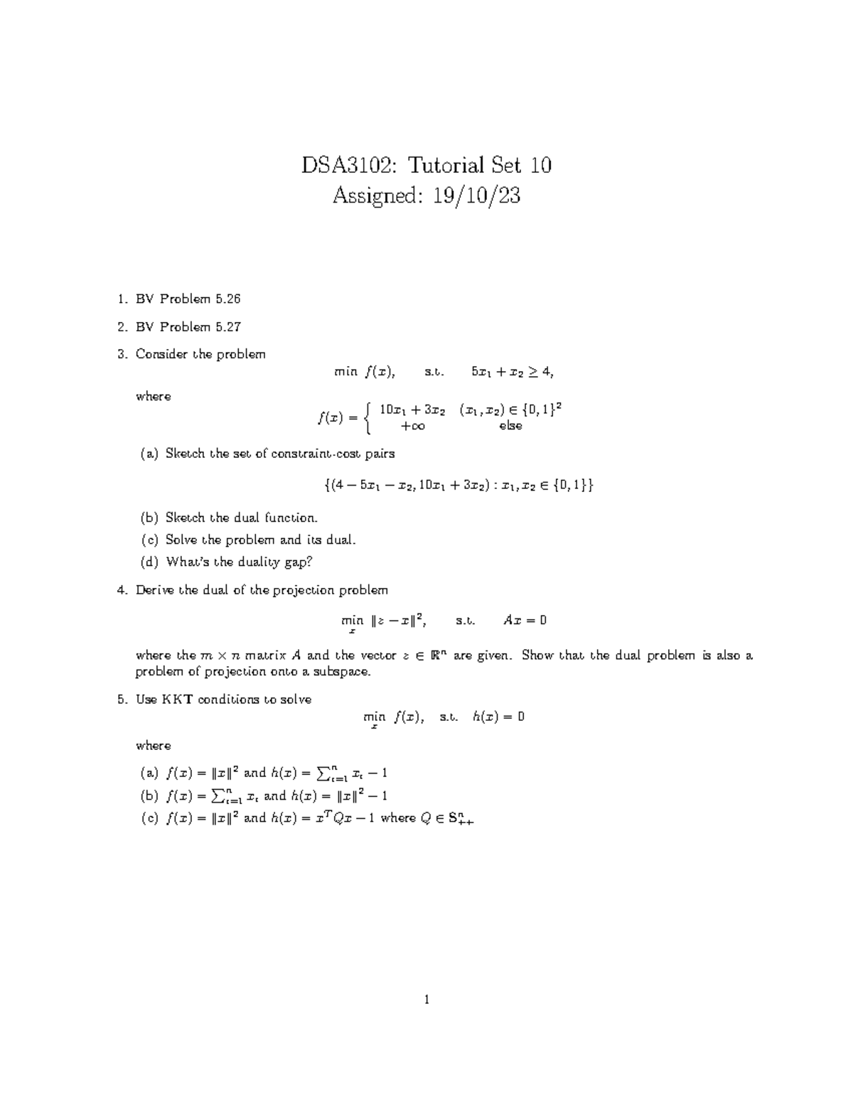 DSA3102 - Tutorial Set 10: Optimization Problems and Duality - Studocu