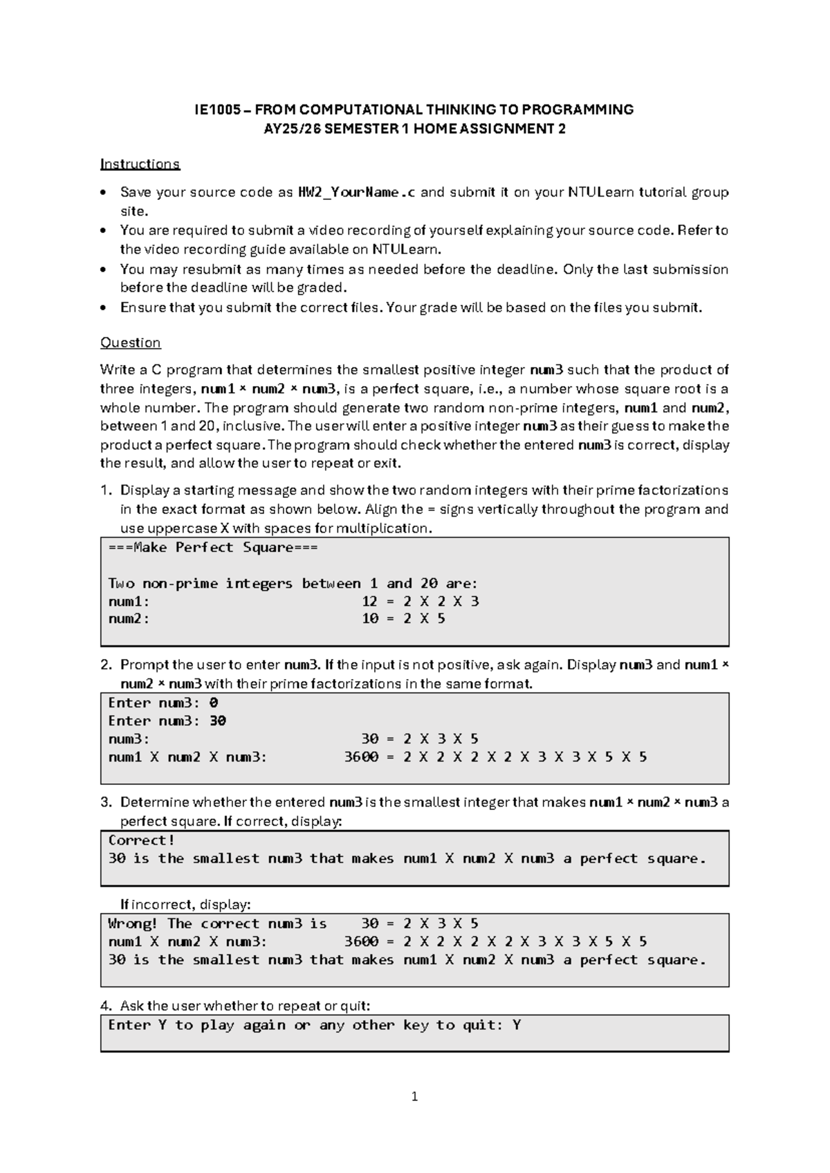 IE1005 SEM 1 HW2: C Program for Perfect Square Calculation - Studocu