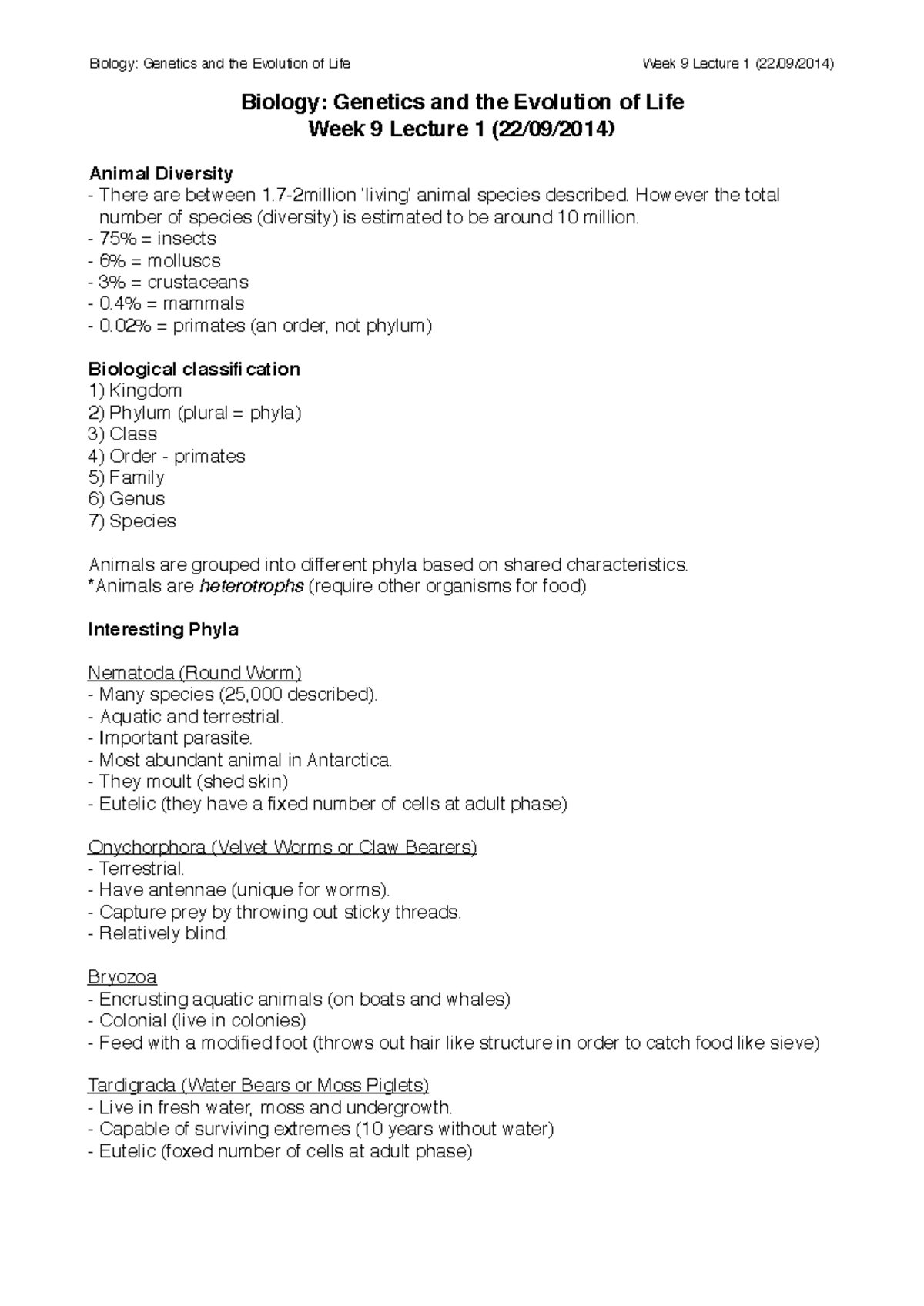 Genetics & Evolution of Life (BIOL10005) Week 9-10 Lecture Notes - Studocu