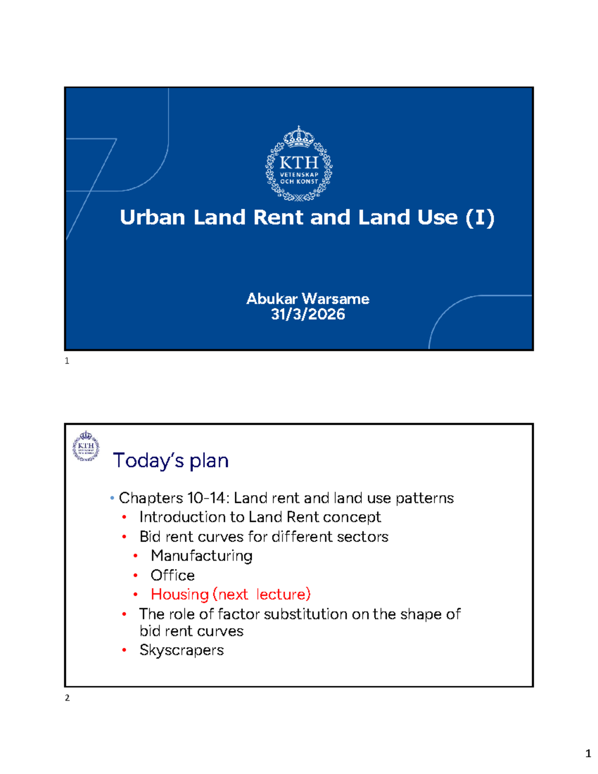 AI2155 - L6 2026 - Urban Land Rent and Use Patterns Lecture Notes - Studocu
