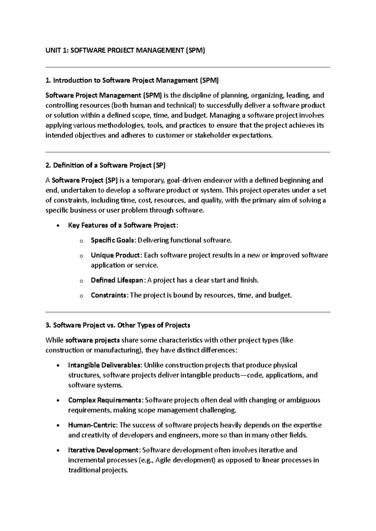 SPM Unit 1: Intro to Software Project Management and Key Concepts - Studocu