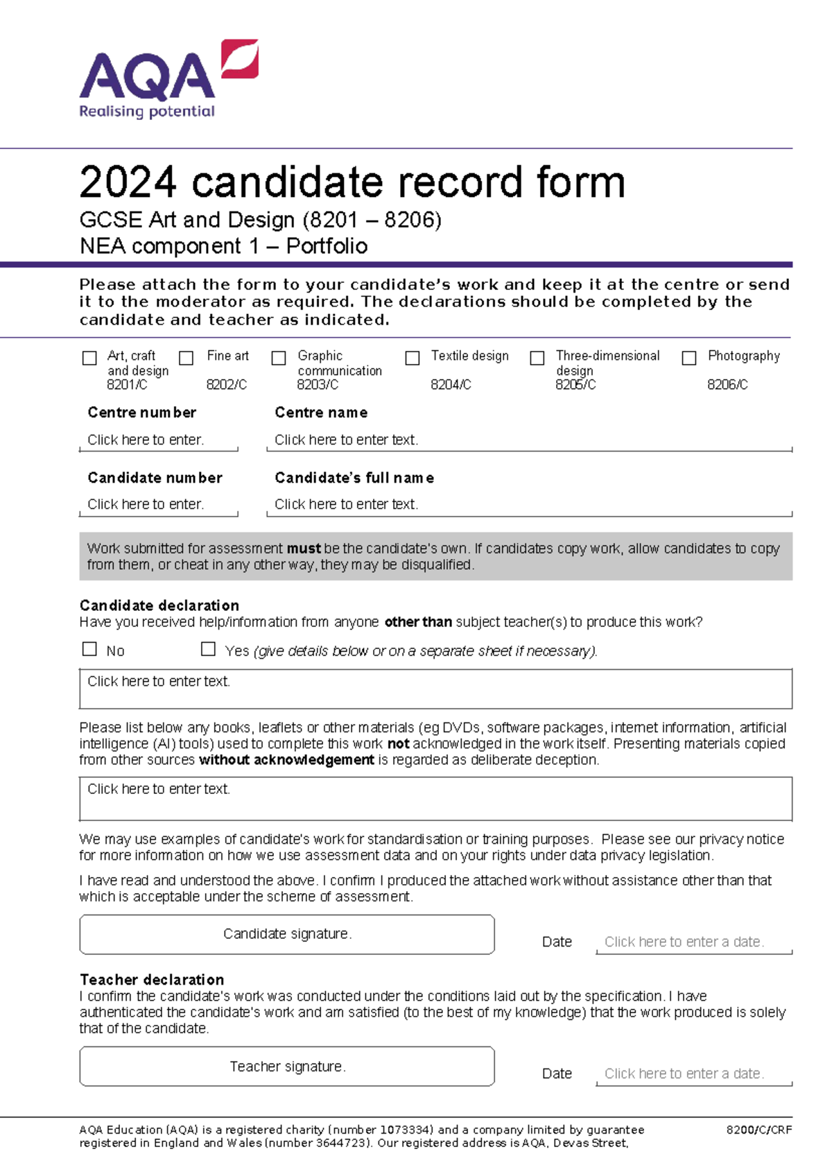 AQA 8201/8206 GCSE Art & Design Candidate Record Form 2024 - Studocu