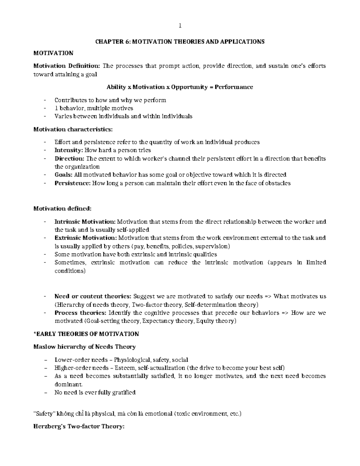 Chapter 6: Motivation Theories & Applications (Course Code) - Studocu