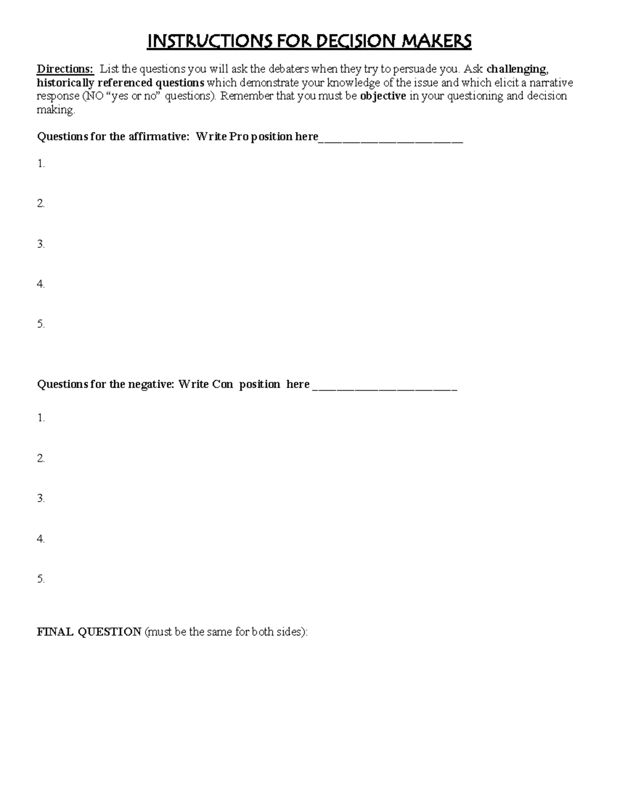 Debate judge instructions for decision makers: Questioning strategies ...