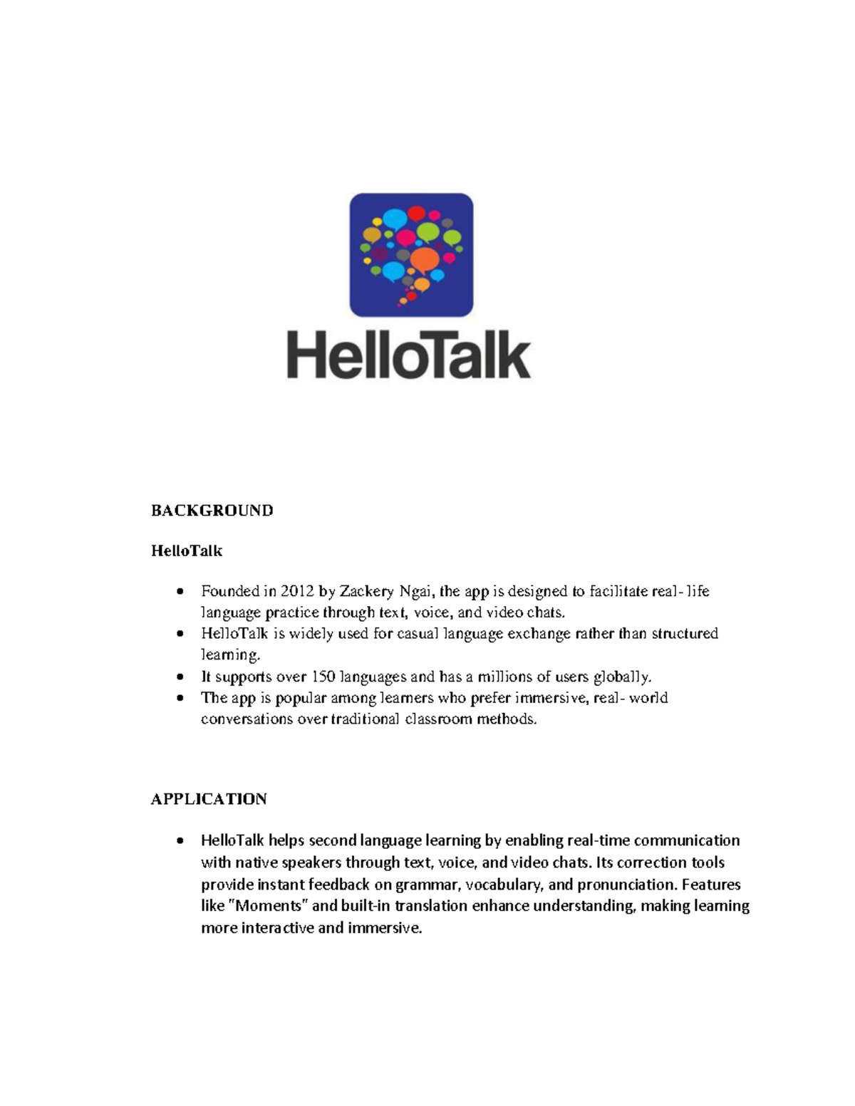 HelloTalk Overview and Application - Project 101848 - Studocu