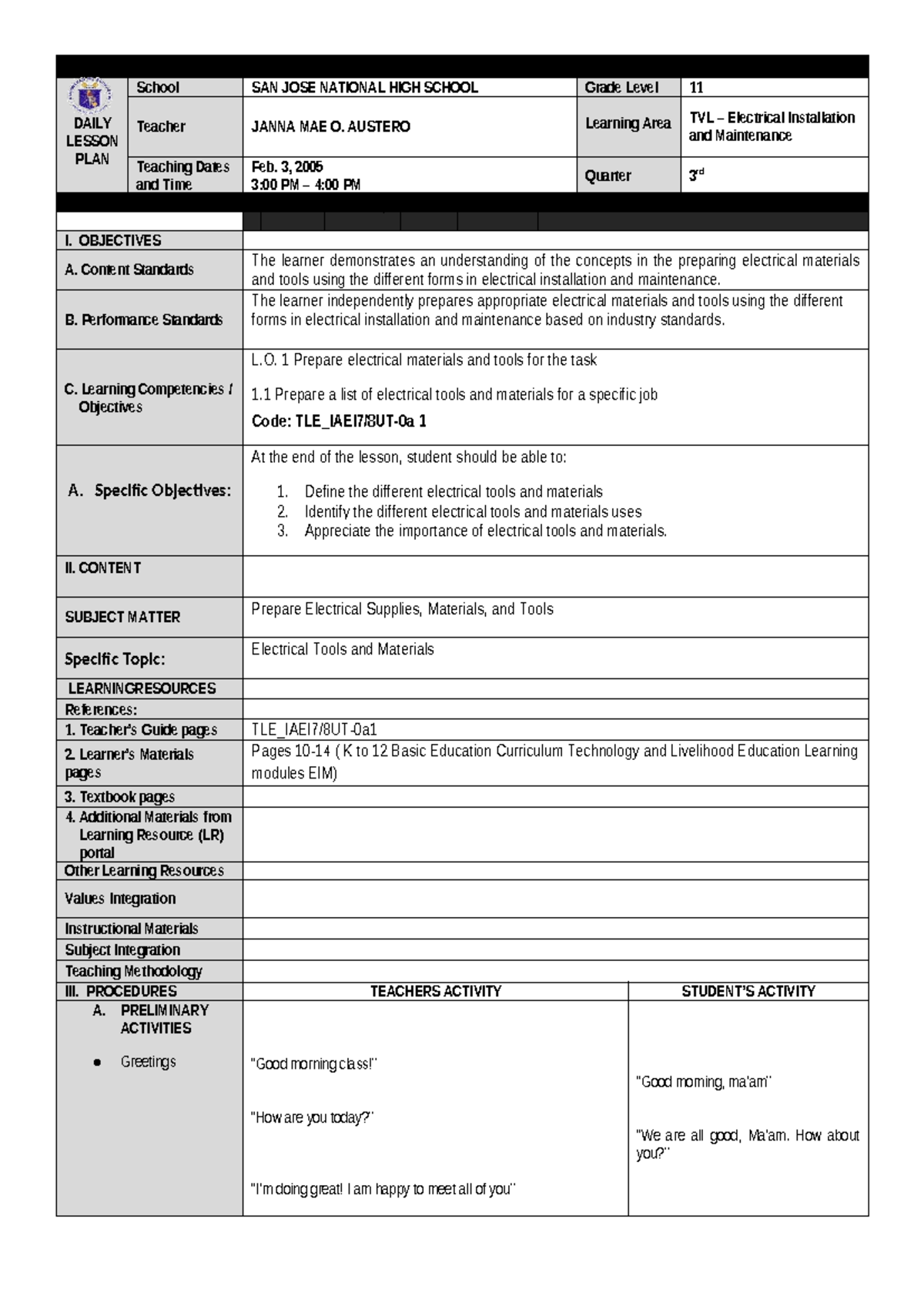 Dlp Lesson 2 Eim Detailed Plan For Electrical Tools Materials