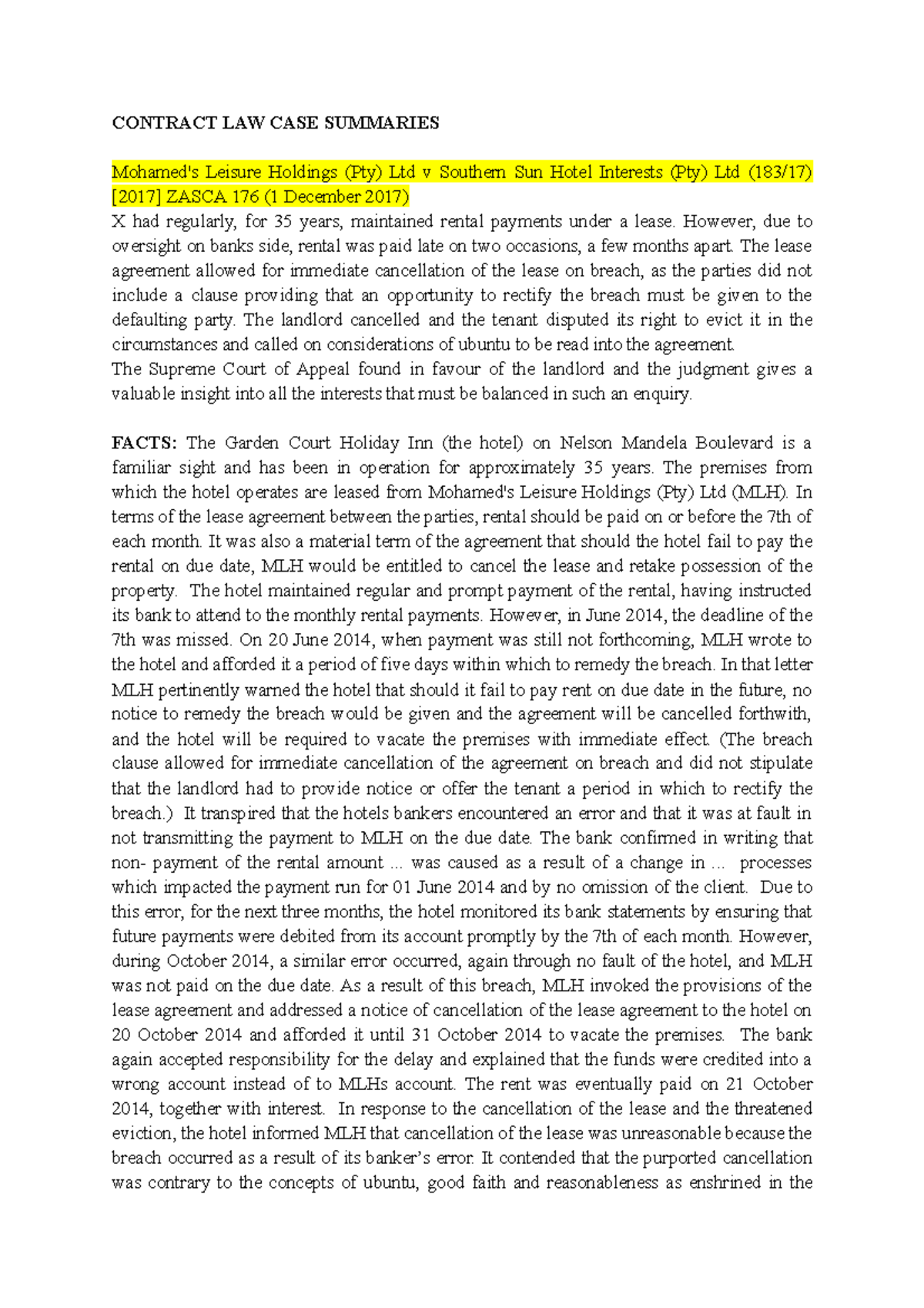 CNT 183/17: Case Law Summaries on Contract Law Principles - Studocu