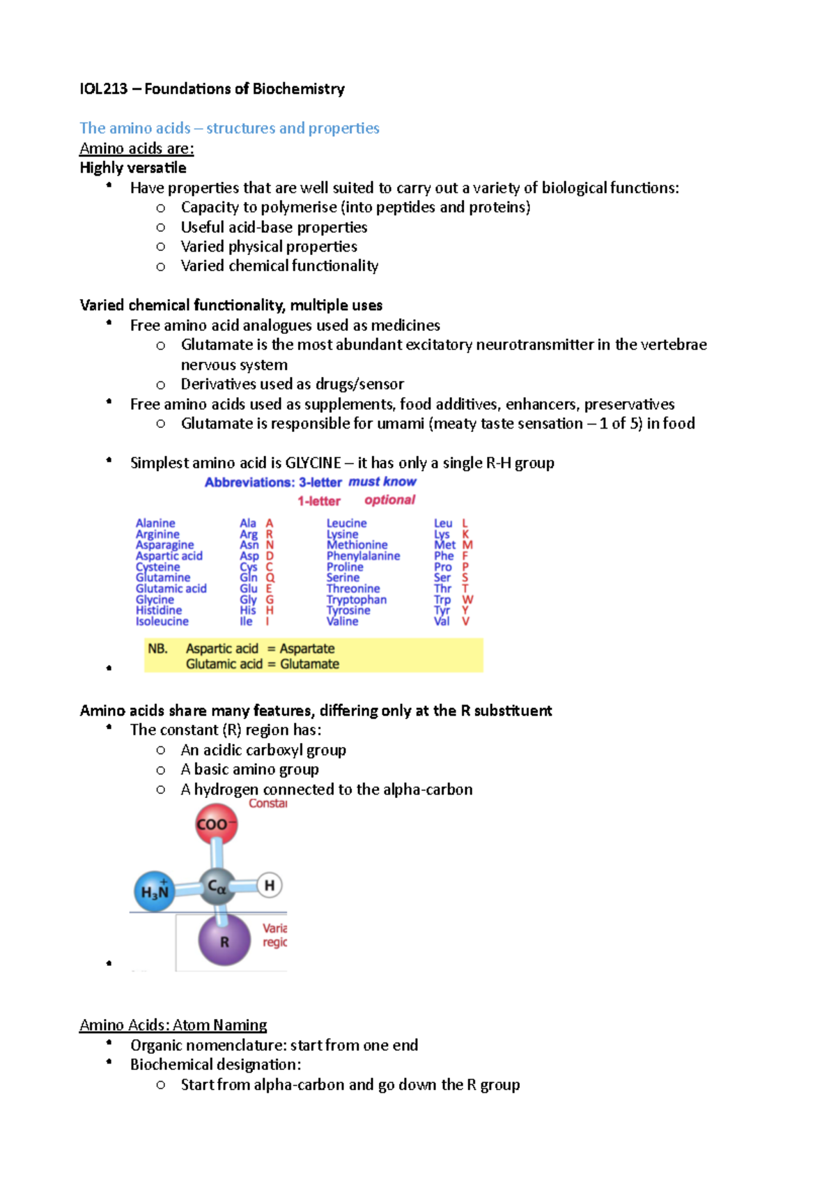 Amino acids structures and properties - IOL213 – Founda/ons of ...