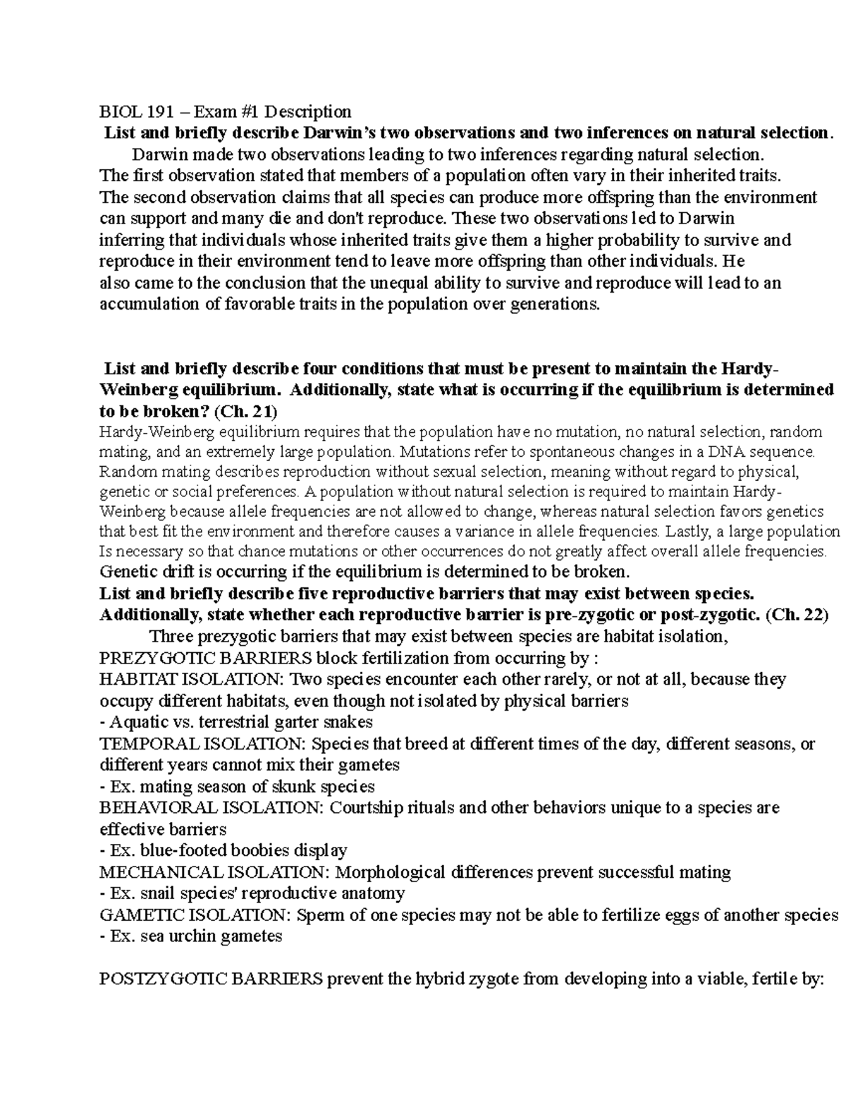 BIO 191A Exam 1 Long Answer Questions - BIOL 191 – Exam #1 Description ...