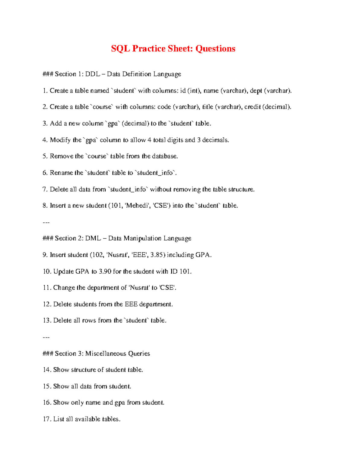 SQL Practice Sheet: DDL & DML Queries for Student Management - Studocu