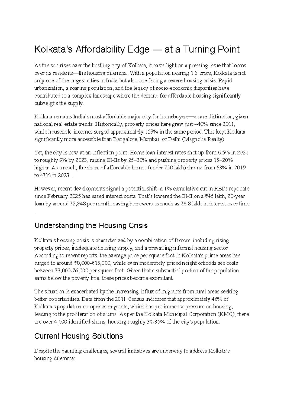 Housing Feature - Notes on Kolkata's Affordable Housing Crisis - Studocu
